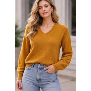 Liz Claiborne Mustard Yellow Sweater Medium Beaded Diamond Knit normcore party‎